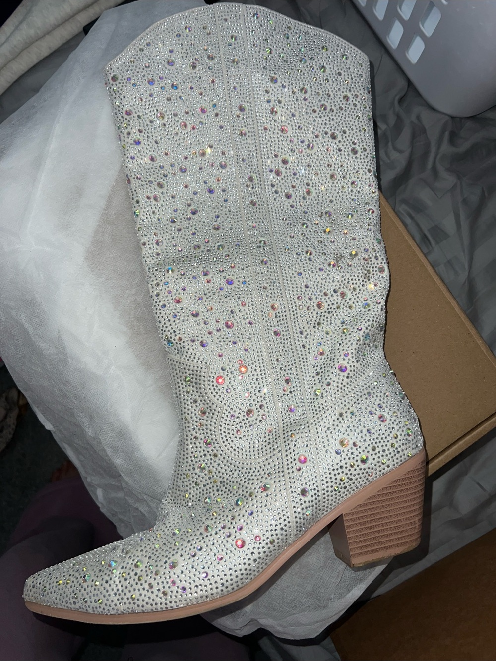 Sparkle Rhinestone White Mid-Calf Block Heel Boot